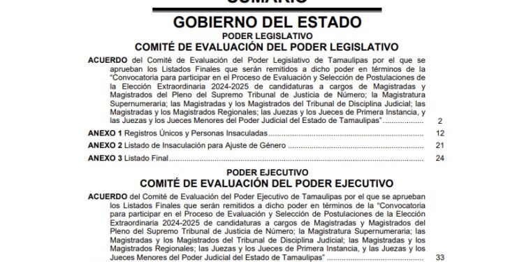 Tamaulipas, primero en publicar listas de las y los candidatos a integrar el Poder Judicial estatal